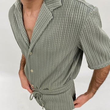 Men's Textured Short Sleeve Shirt and Drawstring Shorts Set