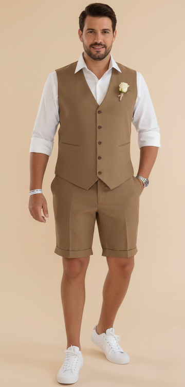 Men's Two Piece Short Suit Set - V-Neck Button-Front Waistcoat and Above-Knee Turn-Up Shorts - Smart Casual Summer Style