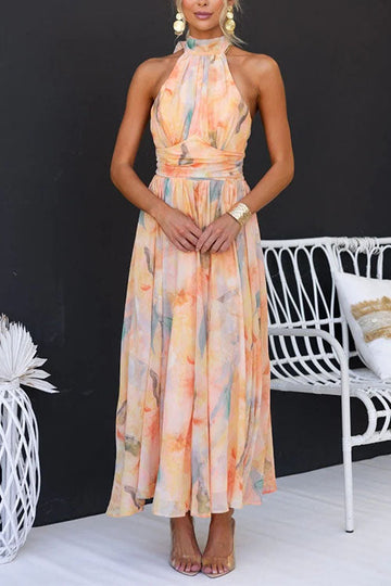 Women's Watercolour Print Halter Neck Sleeveless Maxi Dress