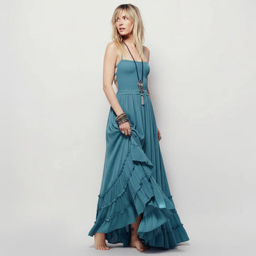 Women's Halter Neck Smocked Bodice Open Back Multi-Strap Tiered Ruffle Hem Maxi Dress