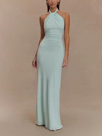 Women's Elegant Halter Neck Maxi Dress - Twisted Knot Detail - Open Low Back - Bodycon Silhouette