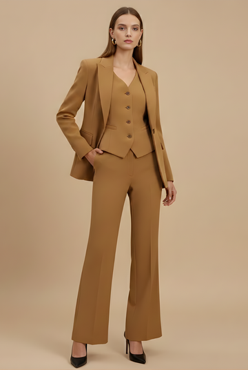 Women's Tailored Three-Piece Suit Set - Single-Breasted Blazer - Button-Front Waistcoat and Flared Trousers - Formal Style