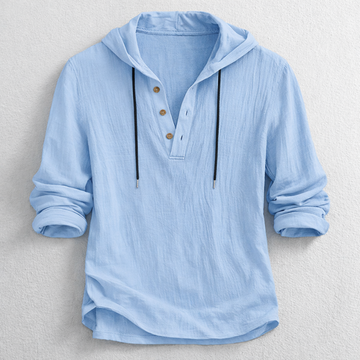 Men's Hooded Henley Shirt - Long Sleeve Button Neck Drawstring Top