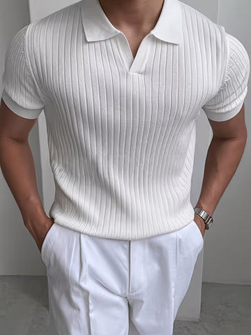 Men's Short Sleeve Knitted Sweater - Polo Collar - Solid Colour