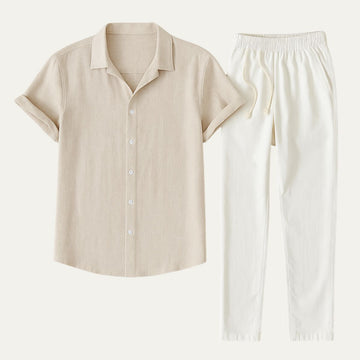 Men's Linen Blend Two Piece Set - Short Sleeve Button-Down Shirt and Drawstring Trousers - Casual Summer Style