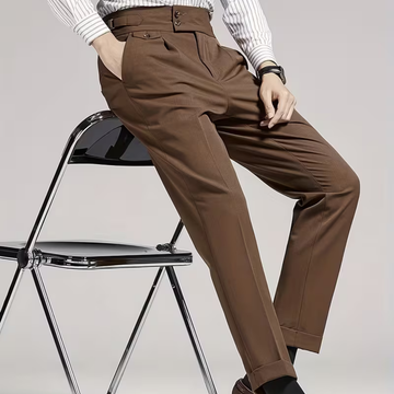 Men's Tailored Dress Trousers - High-Rise Double Pleat - Side Tab Adjuster - Button Fastening - Formal Smart Style