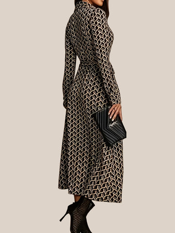 Women's Geometric Print Maxi Dress - Long Sleeve Shirt Collar Belted