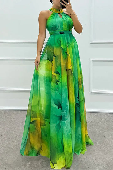 Women's Tulle Floral Print Cutout Halter Tie Neck Maxi Dress