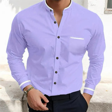 Men's Long-Sleeve Grandad Collar Shirt - Contrast Trim Chest Pocket