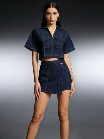 Women's Denim Going-Out Set - Cropped Half-Zip Top and Asymmetric Wrap Mini Skirt with Contrast Stitching