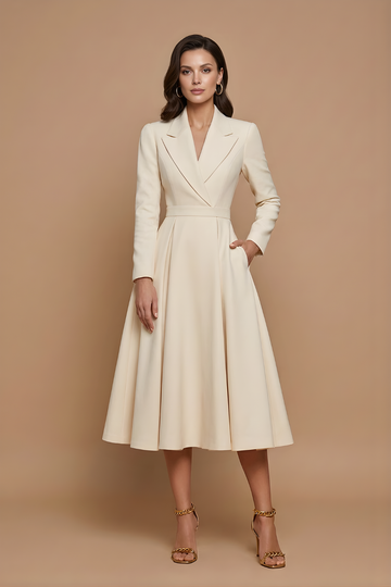 Women's A-Line Midi Dress - Notched Lapel - Pleated Full Skirt