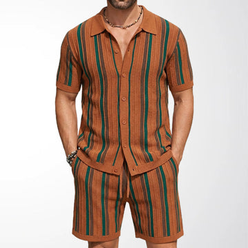 Men's Striped Knit Short Sleeve Shirt - Coordinated Shorts Set