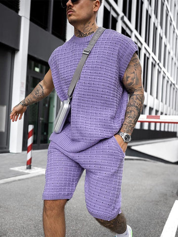 Men's Knit Short Set - Sleeveless Crew Neck Top - Open Weave Texture - Elasticated Shorts