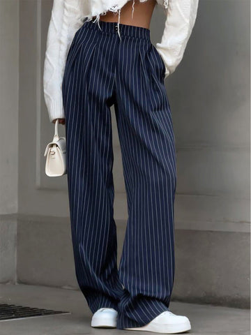 Women's Wide Leg Trousers - High-Waist Pinstripe Pleated Palazzo Trousers - Navy Blue