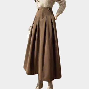 Women's High Waisted Pleated Maxi Skirt - Button Front Belt