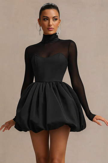 Women’s High Neck Long Sleeve Mini Dress with Sculpted Puff Skirt