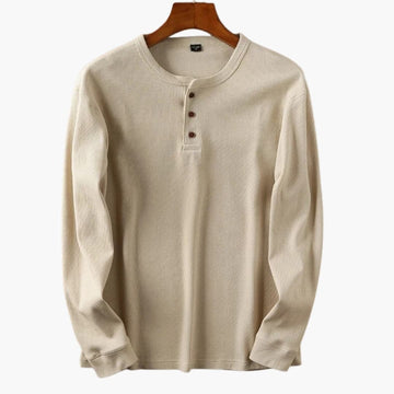 Men's Long Sleeve Henley Top - Waffle Knit - Three-Button Placket - Collarless Round Neck - Relaxed Fit