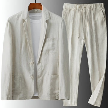 Men's Linen Blend Two Piece Set - Single-Breasted Notch Lapel Blazer and Tapered Drawstring Trousers Smart Casual Style