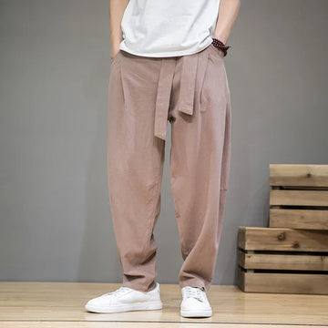 Men's Wide-Leg Tapered Trousers - Elasticated Waist Tie-Front Wrap Detail Full Length Casual Style