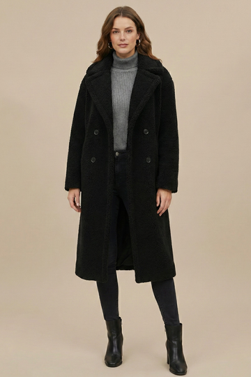 Women’s Long Teddy Coat – Double-Breasted Winter Outerwear with Lapel Collar