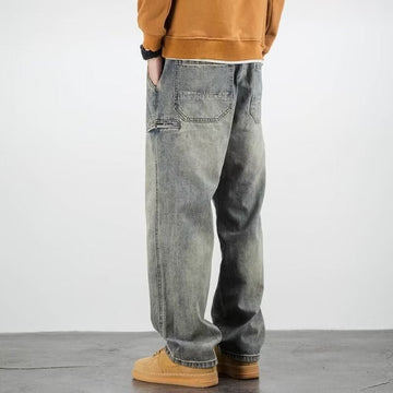 Men's Wide Leg Denim Jeans - Washed Vintage Fade - Patch Pocket Detail - Relaxed Straight Cut
