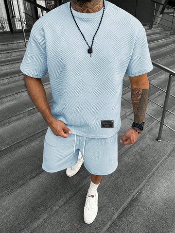Men's Geometric Pattern Short Sleeve Tee - Drawstring Shorts Set
