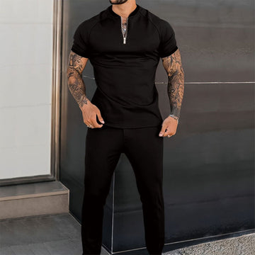 Men's Two-Piece Polo Set - Short Sleeve Zip Top - Slim Fit Trousers