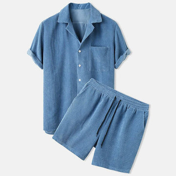 Men’s Two-Piece Set - Textured Short Sleeve Button Shirt and Elasticated Drawstring Shorts Set