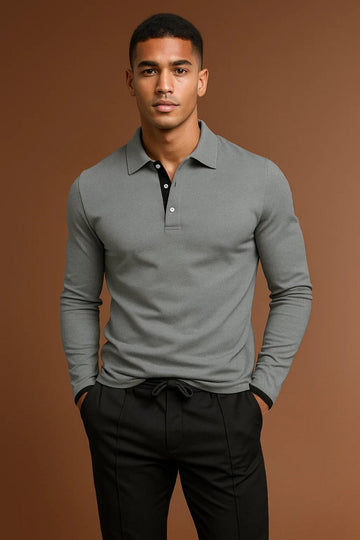 Men’s Long Sleeve Polo Shirt with Collar and Button Placket