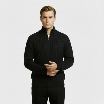Men’s Cable Knit Quarter Zip Jumper with Stand Collar and Ribbed Hem