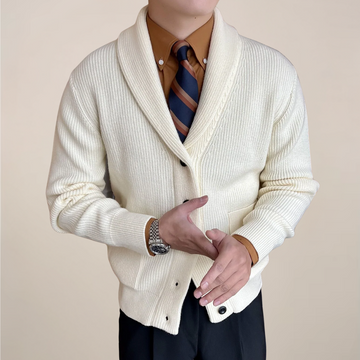 Men’s Cardigan Sweater – Ribbed Knit – Shawl Collar – Relaxed Fit – Button-Up