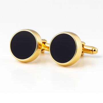 Men’s Gold Cufflinks – Round Onyx Face, T-Bar Closure