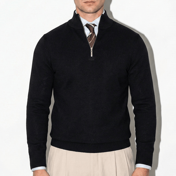 Men’s Half Zip Knitted Jumper with High Collar and Ribbed Trim