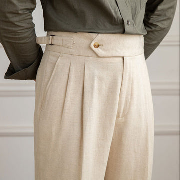 Men's High Waisted Pleated Trousers with Side Adjuster - Italian Style