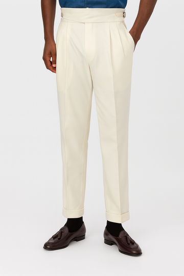 Men’s High-Waisted Pleated Trousers – Side Adjusters, Cuffed Hem