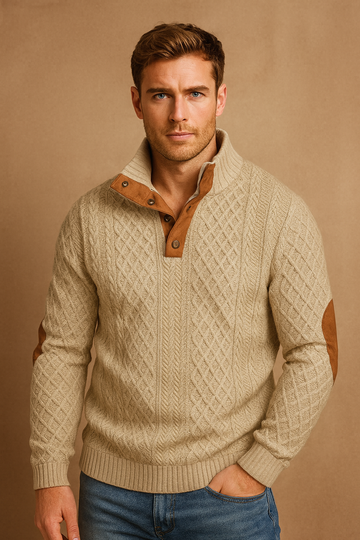 Men’s Knitted Sweater – Classic Jacquard Design with Button Collar and Elbow Patches