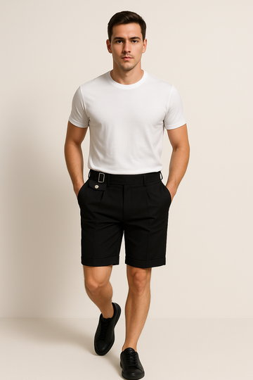 Pleated Tailored Shorts with Side Buckles – Slim Fit