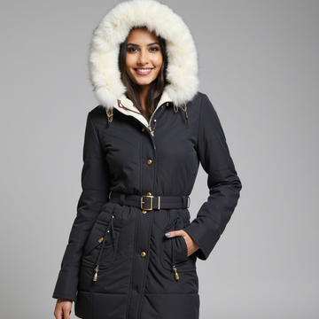 Women’s Winter Parka – Faux Fur Hood and Belted Design