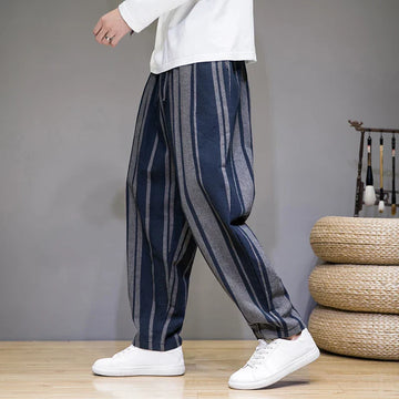 Men's Striped Wide Leg Cropped Trousers - Drawstring Waist