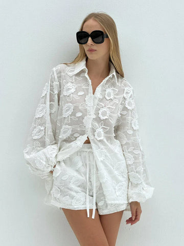 Women’s White Long Sleeve Button-Front Shirt and High-Waisted Shorts Set with Floral Embroidery