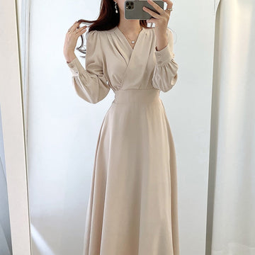 Women's V Neck Puff Sleeve Wrap Front A Line Midi Dress