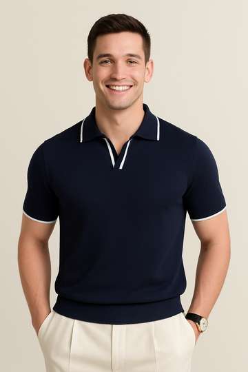 Short Sleeve Knit Polo – Contrast Trim, Slim Fit