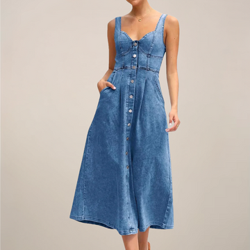 Sleeveless Button-Front Denim Midi Dress – Timeless Style, Effortless Appeal