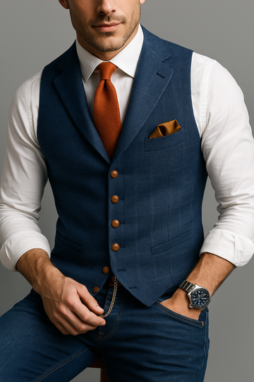 Tweed Waistcoat for Men – Checked Vest with Notch Detail