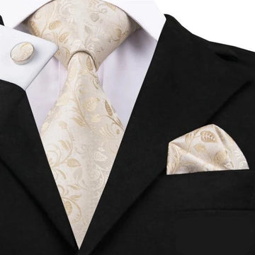 White Gold Floral Tie with Matching Pocket Square & Cufflinks