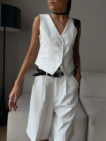 Women's Button Front Waistcoat Wide Leg Shorts Two Piece Set