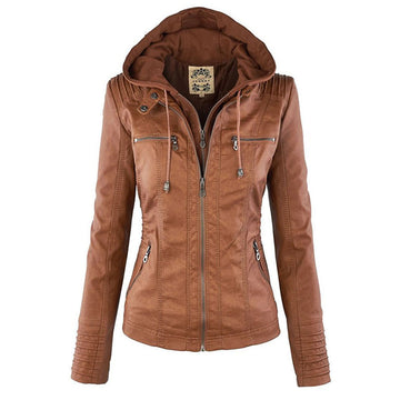 Women’s Brown Hooded Zip-Up Jacket – All-Season Casual Outerwear