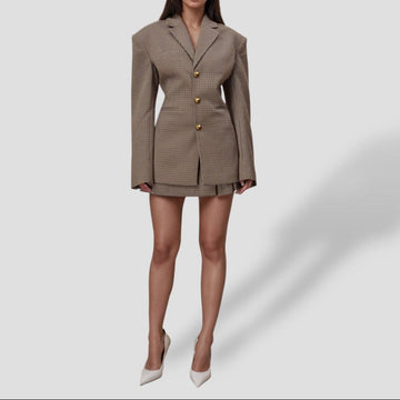 Women’s Brown Vintage Checkered Blazer with Gold Buttons – Longline Jacket