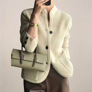 Women’s Cream Cardigan Sweater – Textured Knit, Stand Collar