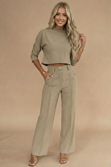 Women’s Cropped Two-Piece Set – Long Sleeve Crop Top and High-Waisted Trousers for Smart Casual Styling